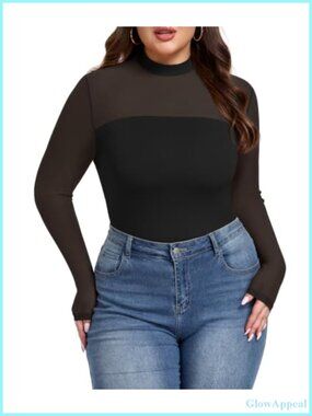 Plus Size Sheer Mesh Top Mock Neck Long Sleeve Blouse